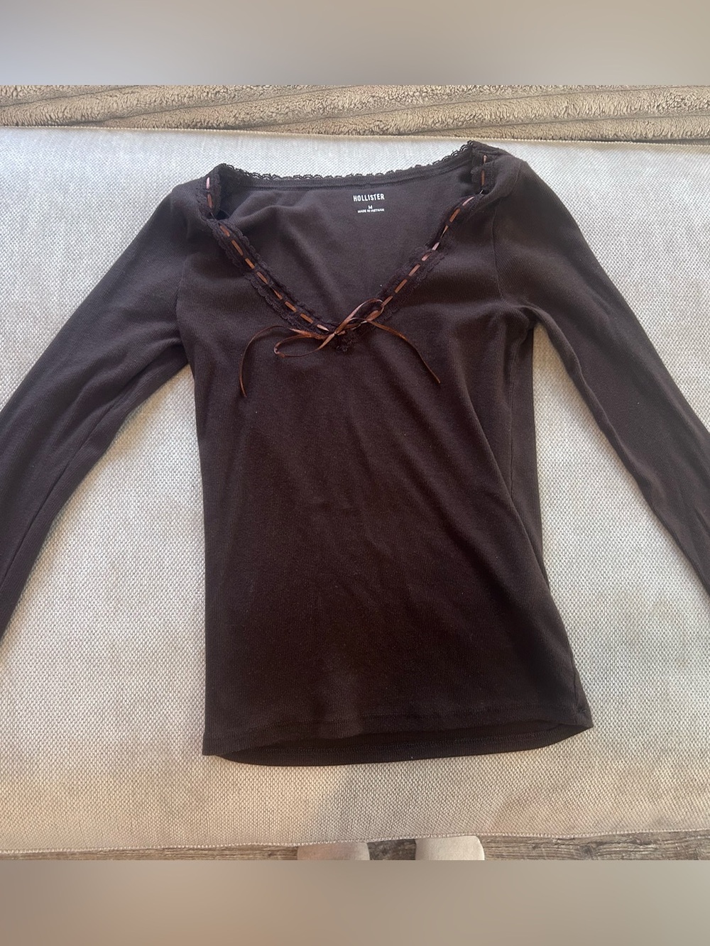 Hollister Chocolate Brown V-Neck Lace-Up Long Sleeve Top